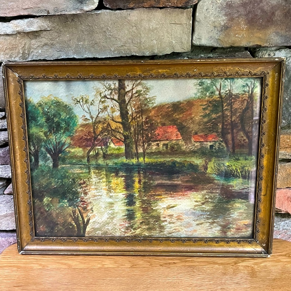 VTG Original Watercolor Painting Landscape Framed Boho Decor Trees Stream